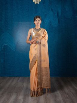 EXCLUSIVA - Orange Soft Linen and Tissue Silk Saree with Unstitched Blouse