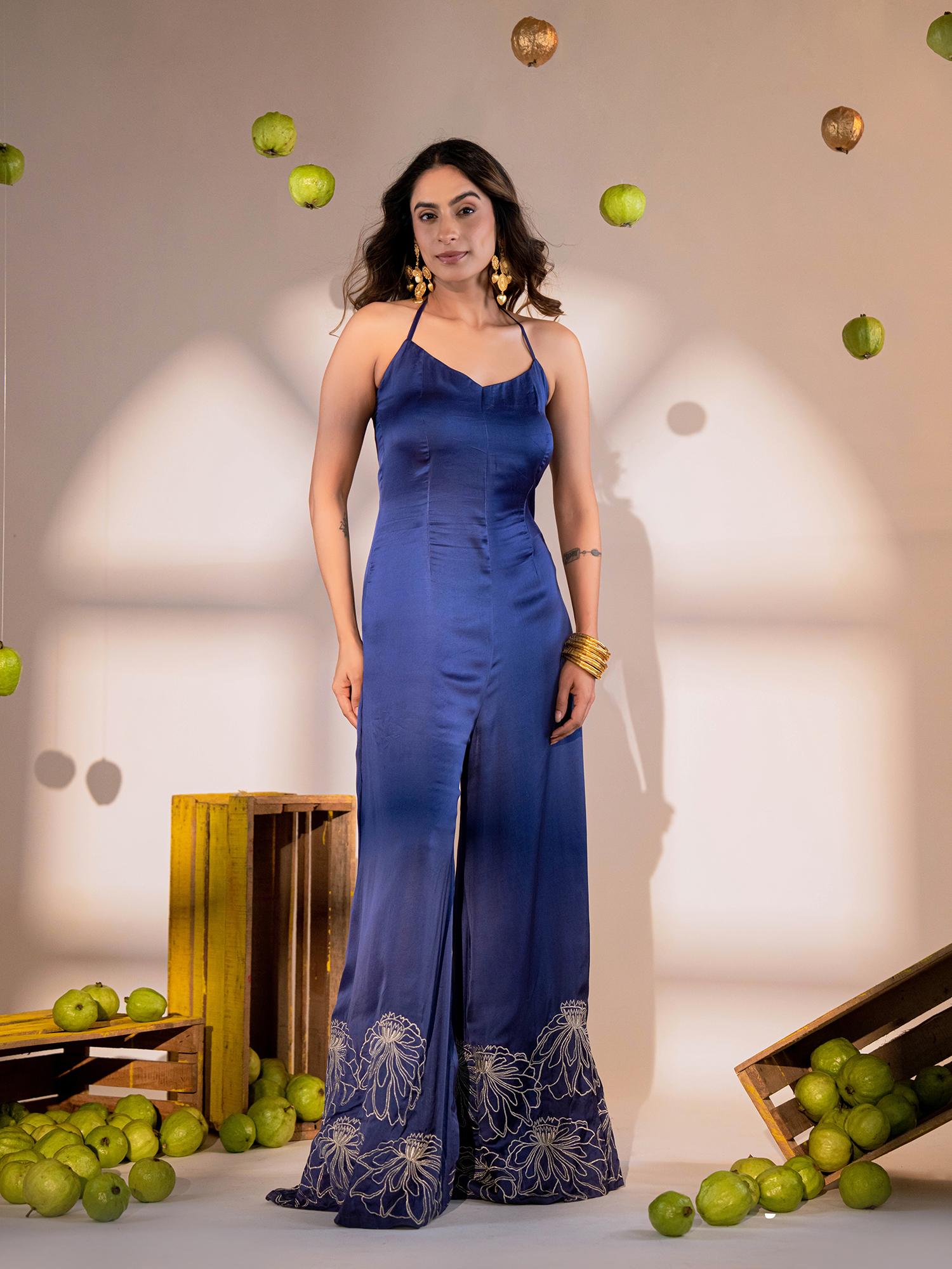 amrood Blue Halter Neck Jumpsuit with Embroidery-picture-38