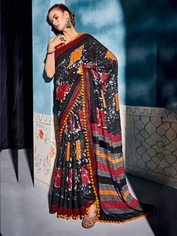 Odette - Womens Cotton Blend Black Printed Saree with Unstitched Blouse