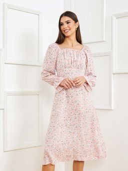 Styli - Pink Square Neck Floral Print A-line Midi Dress