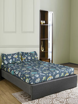 At Home by Nilkamal - Aurora Floral Polyester Bedsheet with 2 Pillow Covers (Navy) (Queen)
