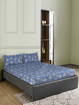 At Home by Nilkamal - Aurora Floral Polyester Bedsheet with 2 Pillow Covers (Blue) (Queen)