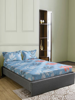 At Home by Nilkamal - Ammara Leaf Design Polyester Bedsheet with 2 Pillow Covers (Blue & Grey) (Queen)