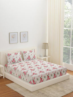 At Home by Nilkamal - Arias Floral Cotton Bedsheet with 2 Pillow Covers (White) (King)