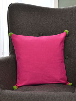 At Home by Nilkamal - Solid Cotton Two Sided Pom Pom Cushion Cover (Purple & Pink) (16x16 Inches)