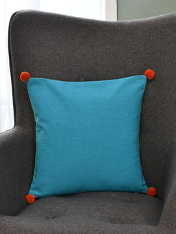 At Home by Nilkamal - Solid Cotton Two Sided Pom Pom Cushion Cover (Blue & Green) (16x16 Inches)
