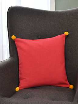 At Home by Nilkamal - Solid Cotton Two Sided Pom Pom Cushion Cover (Maroon & Red) (16x16 Inches)