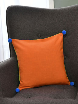 At Home by Nilkamal - Solid Cotton Two Sided Pom Pom Cushion Cover (Orange & Green) (16x16 Inches)