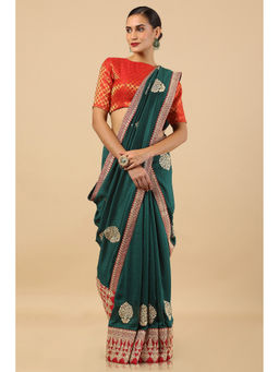 Soch - Green Tussar Embroidered Saree with Unstitched