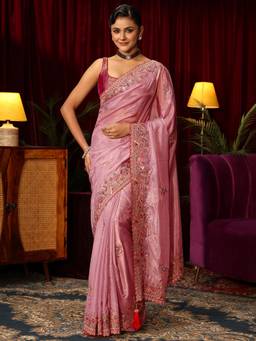 Libas - Peach Floral Zari Embroidered Saree With Embroidered Border And Blouse Piece