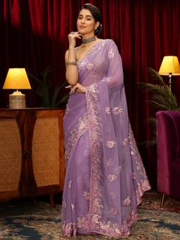 Libas - Purple Floral Stone Work Embroidered Saree With Embroidered Border and Blouse Piece