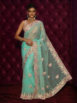 Libas - Green Floral Stone Work Embroidered Saree With Embroidered Border and Blouse Piece