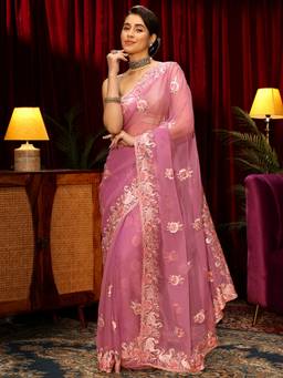 Libas - Pink Floral Stone Work Embroidered Saree With Embroidered Border and Blouse Piece