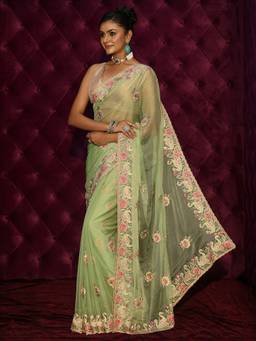 Libas - Green Floral Stone Work Embroidered Saree With Embroidered Border and Blouse Piece