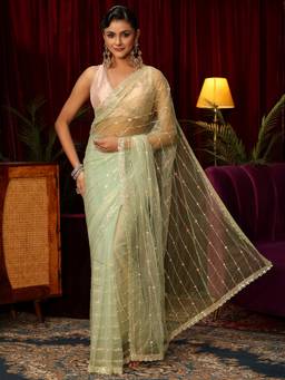 Libas - Green Sequined Embellished Saree With Embellished Border And Blouse Piece