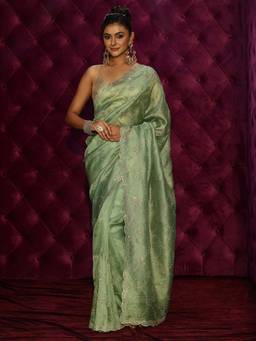 Libas Art - Green Floral Stone Work Embellished Saree With Embellished Border and Blouse Piece