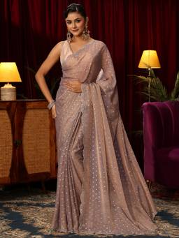 Libas - Taupe Zari Saree With Embellished Border and Blouse Piece