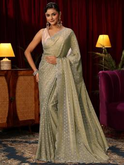 Libas - Green Zari Saree With Embellished Border and Blouse Piece