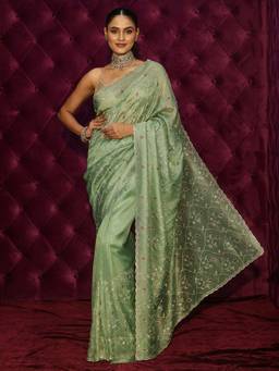 Libas Art - Green Floral Stone Work Embellished Saree With Embellished Border and Blouse Piece