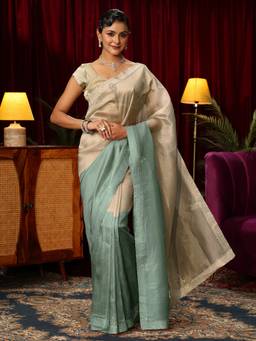 Libas - Blue Solid Saree With Embellished Border and Blouse Piece