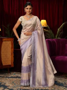 Libas - Off White Stone Work Striped Saree With Embellished Border and Blouse Piece