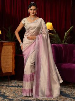 Libas - Off White Stone Work Striped Saree With Embellished Border and Blouse Piece