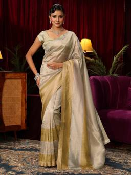 Libas - Off White Stone Work Striped Saree With Embellished Border and Blouse Piece