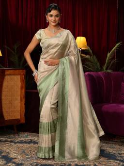 Libas - Off White Stone Work Striped Saree With Embellished Border and Blouse Piece