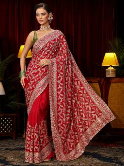 Libas Art - Red Floral Zari Stone Work Embroidered Saree With Embroidered Border and Blouse Piece