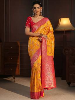 Libas - Mustard Floral Woven Design Saree With A Blouse Piece