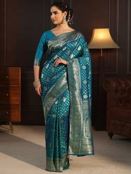 Libas - Blue Floral Woven Design Saree With A Blouse Piece