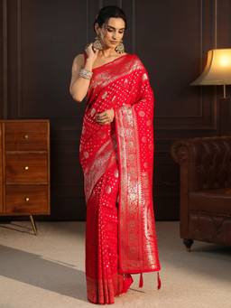Libas - Red Floral Woven Design Saree With A Blouse Piece