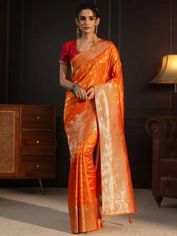 Libas - Orange Ethnic Motif Woven Design Saree With A Blouse Piece