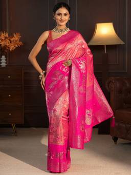Libas - Peach Ethnic Motif Woven Design Saree With A Blouse Piece