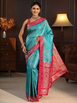 Libas - Blue Ethnic Motif Woven Design Saree With A Blouse Piece