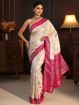 Libas - Cream Ethnic Motif Woven Design Saree With A Blouse Piece