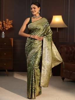 Libas - Green Floral Woven Design Saree With A Blouse Piece