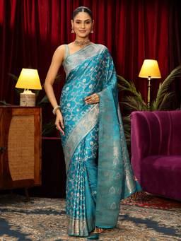 Libas - Blue Floral Woven Design Saree With Woven Design Border and Blouse Piece