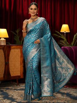 Libas - Blue Floral Woven Design Saree With Woven Design Border and Blouse Piece