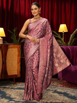 Libas - Mauve Floral Woven Design Saree With Woven Design Border and Blouse Piece