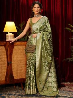 Libas - Green Floral Woven Design Saree With Woven Design Border and Blouse Piece