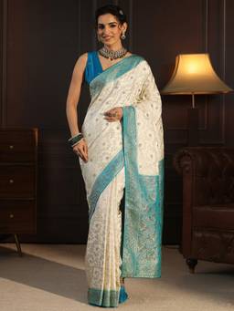 Libas - Cream Floral Stone Work Woven Design Saree With Woven Design Border and Blouse Piece