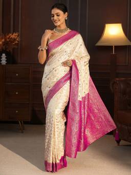 Libas - Cream Floral Stone Work Woven Design Saree With Woven Design Border and Blouse Piece