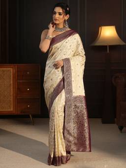 Libas - Cream Floral Stone Work Woven Design Saree With Woven Design Border and Blouse Piece