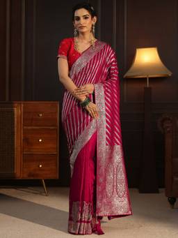 Libas - Pink Leheriya Woven Design Saree With Woven Design Border and Blouse Piece