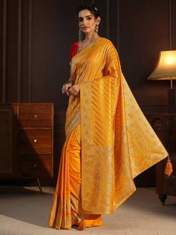 Libas - Mustard Leheriya Woven Design Saree With Woven Design Border and Blouse Piece