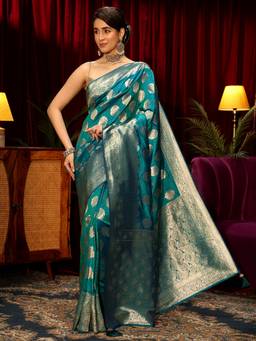 Libas - Blue Ethnic Motif Woven Design Saree With Woven Design Border and Blouse Piece
