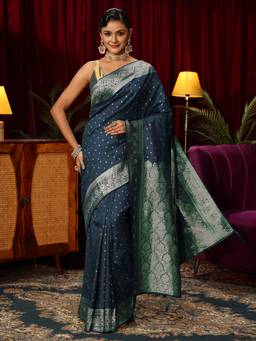 Libas - Teal Woven Design Saree With Woven Design Border and Blouse Piece