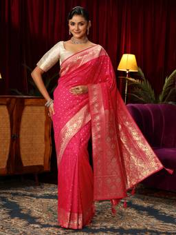 Libas - Pink Woven Design Saree With Woven Design Border and Blouse Piece