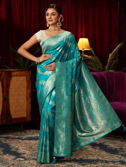 Libas - Blue Floral Woven Design Saree With Woven Design Border and Blouse Piece